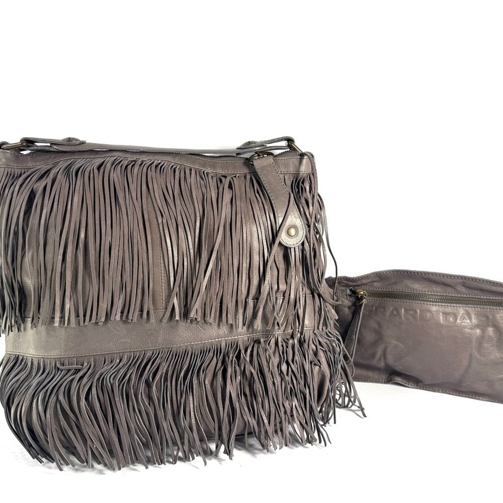 Fringed Gray Leather Shoulder Bag
